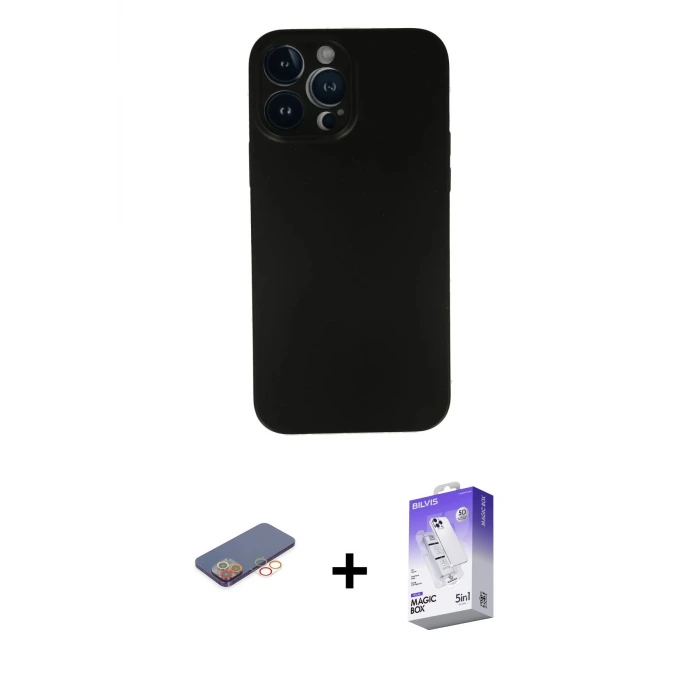 ieg™ iPhone 13 Pro Max Kılıf Yadigar Yansıma Serisi - Siyah Bilvis 5in1 3D Magic Cam Ekran Koruyucu + Renkli Kamera Lens Koruma Cam - TU