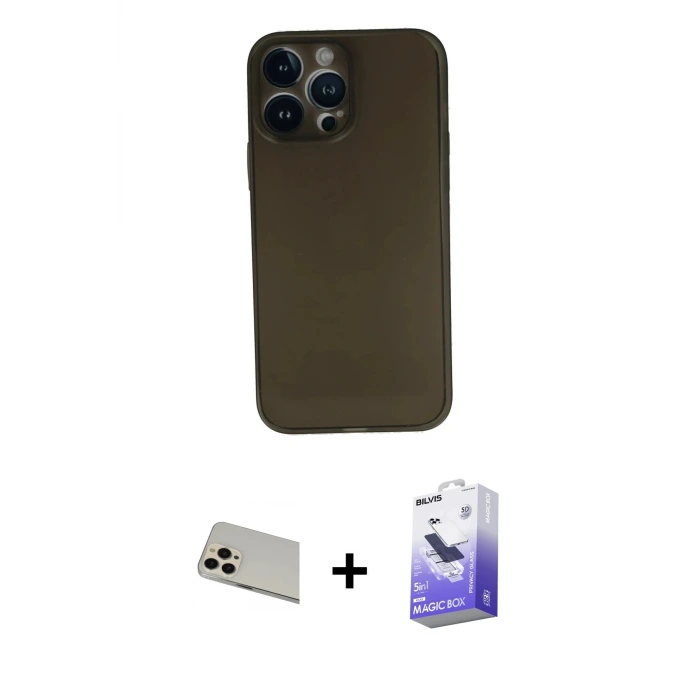 ieg™ iPhone 13 Pro Max Kılıf Yadigar Yansıma Serisi - Siyah Bilvis 5in1 5D Magic Hayalet Cam Ekran Koruyucu + Rainbow Kamera Lens Koruma Cam - REGD