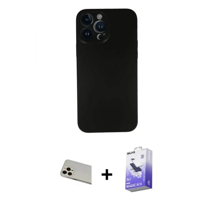 ieg™ iPhone 13 Pro Max Kılıf Yadigar Yansıma Serisi - Siyah Bilvis 5in1 5D Magic Hayalet Cam Ekran Koruyucu + Rainbow Kamera Lens Koruma Cam - REGD
