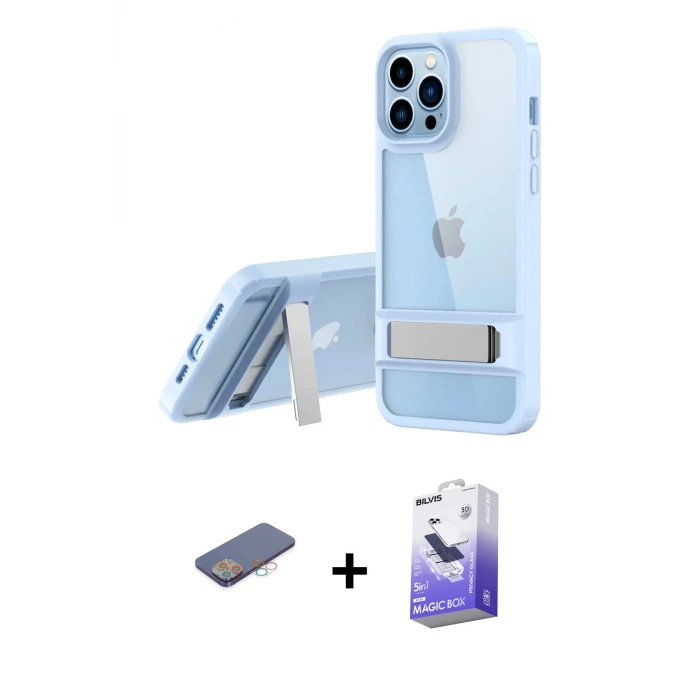 ieg™ iPhone 13 Pro Max Kılıf Yadigar Yansıma - Siyah Bilvis 5in1 5D Magic Hayalet Cam Ekran Koruyucu + Renkli Kamera Lens Koruma Cam - PE