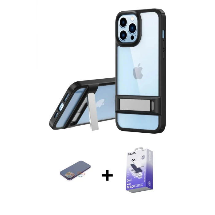 ieg™ iPhone 13 Pro Max Kılıf Yadigar Yansıma - Siyah Bilvis 5in1 5D Magic Hayalet Cam Ekran Koruyucu + Renkli Kamera Lens Koruma Cam - PE