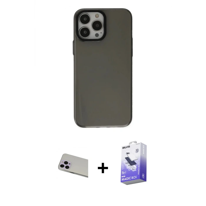 ieg™ iPhone 13 Pro Max Kılıf Zirve Doku Koleksiyonu - Siyah Bilvis 5in1 5D Magic Hayalet Cam Ekran Koruyucu + Rainbow Kamera Lens Koruma Cam - MR
