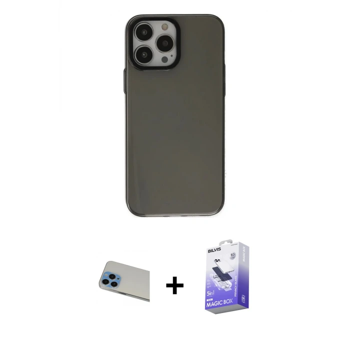 ieg™ iPhone 13 Pro Max Kılıf Zirve Doku Koleksiyonu - Siyah Bilvis 5in1 5D Magic Hayalet Cam Ekran Koruyucu + Rainbow Kamera Lens Koruma Cam - MI