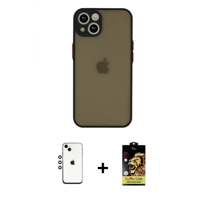 ieg™ iPhone 14 Kılıf Ahenk Çizgi Serisi - Siyah Buffer Cam Ekran Koruyucu + Shine Kamera Lens - GS