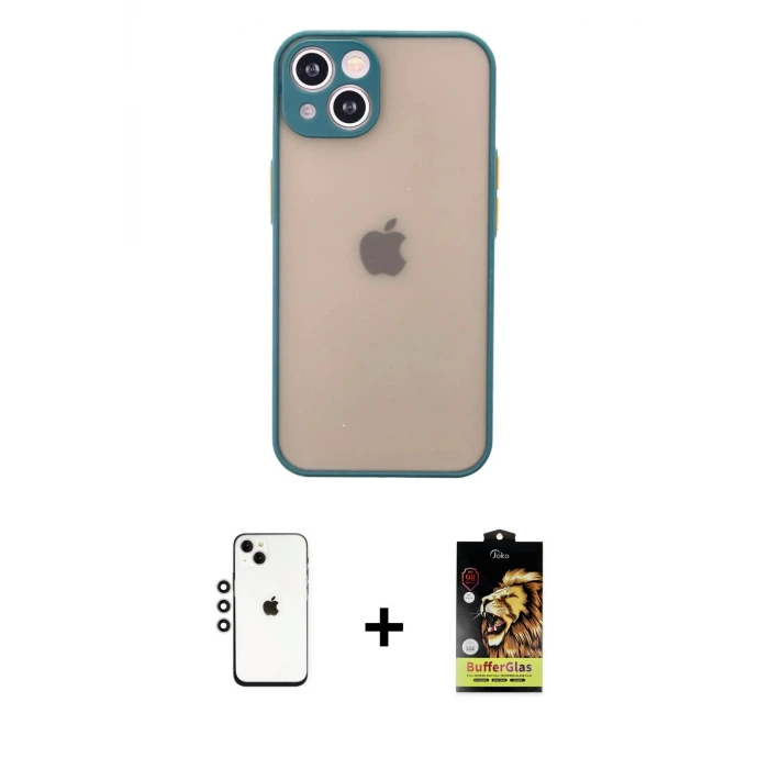 ieg™ iPhone 14 Kılıf Ahenk Çizgi Serisi - Siyah Buffer Cam Ekran Koruyucu + Shine Kamera Lens - GS