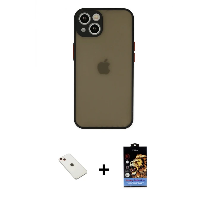 ieg™ iPhone 14 Kılıf Ahenk Çizgi Serisi - Siyah Buffer Hayalet Cam Ekran Koruyucu + Diamond Kamera Lens - KI