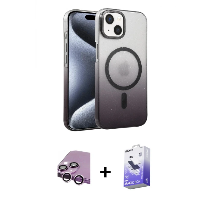 ieg™ iPhone 14 Kılıf Ahenk Doku Özel Seri - Siyah Bilvis 5in1 5D Magic Hayalet Cam Ekran Koruyucu + Raze Metal Kamera Lens - MR
