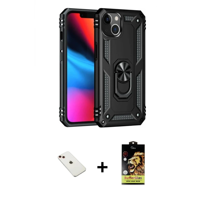 ieg™ iPhone 14 Kılıf Ahenk Klasik Koleksiyonu - Siyah Buffer Cam Ekran Koruyucu + Diamond Kamera Lens - KI