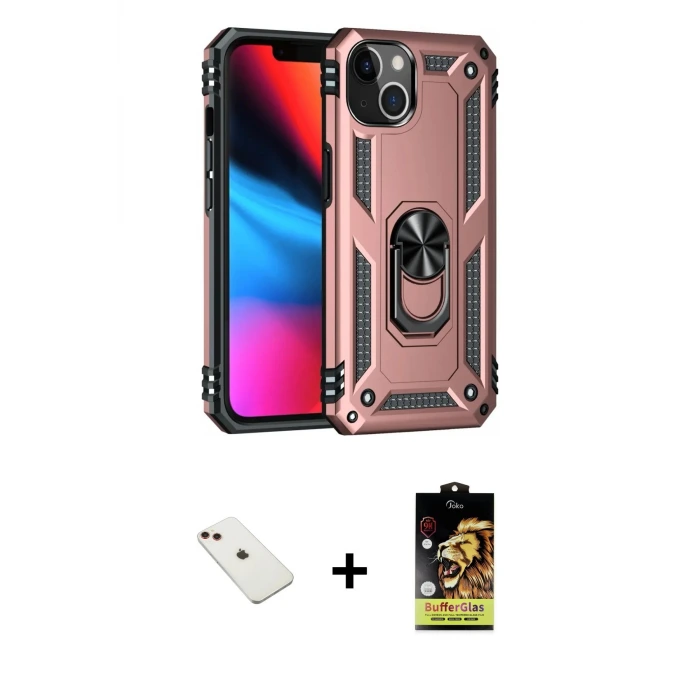 ieg™ iPhone 14 Kılıf Ahenk Klasik Koleksiyonu - Siyah Buffer Cam Ekran Koruyucu + Diamond Kamera Lens - KI