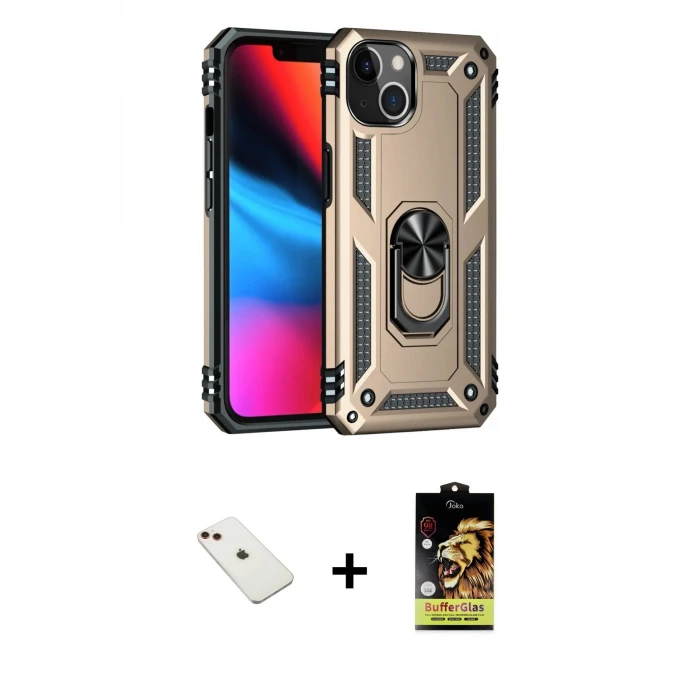 ieg™ iPhone 14 Kılıf Ahenk Klasik Koleksiyonu - Siyah Buffer Cam Ekran Koruyucu + Diamond Kamera Lens - KI