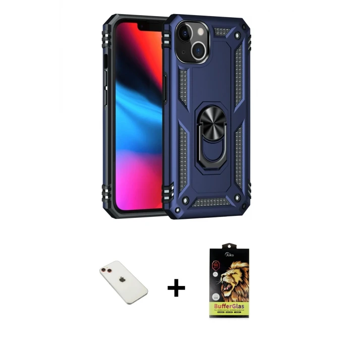 ieg™ iPhone 14 Kılıf Ahenk Klasik Koleksiyonu - Siyah Buffer Cam Ekran Koruyucu + Diamond Kamera Lens - KI