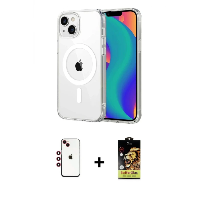ieg™ iPhone 14 Kılıf Ahenk Minimal Serisi - Siyah Buffer Cam Ekran Koruyucu + Shine Kamera Lens - KI