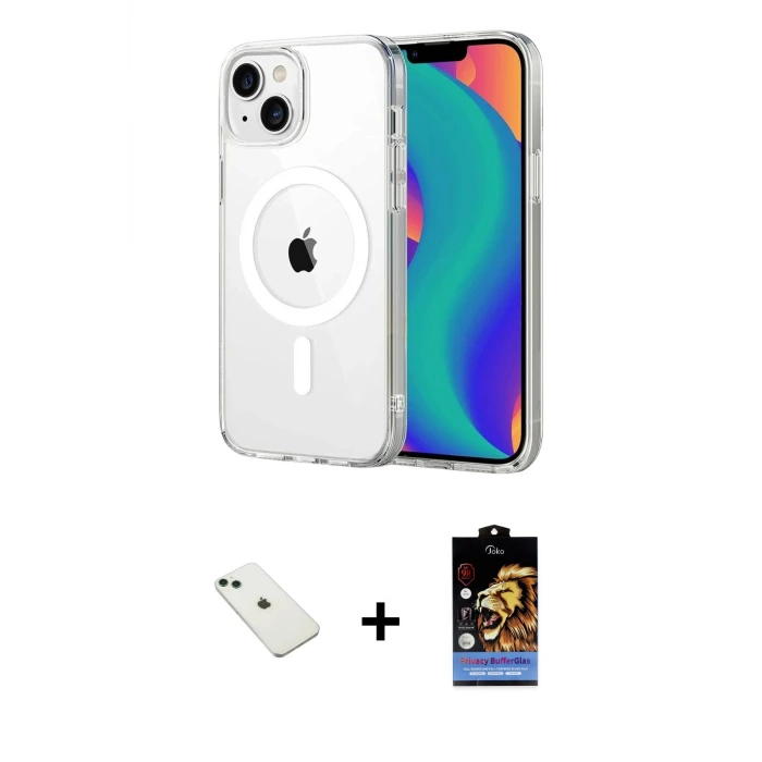 ieg™ iPhone 14 Kılıf Ahenk Minimal Serisi - Siyah Buffer Hayalet Cam Ekran Koruyucu + Diamond Kamera Lens - YL