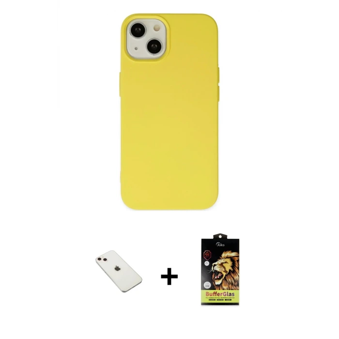 ieg™ iPhone 14 Kılıf Ahenk Serisi - Siyah Buffer Cam Ekran Koruyucu + Diamond Kamera Lens - PE