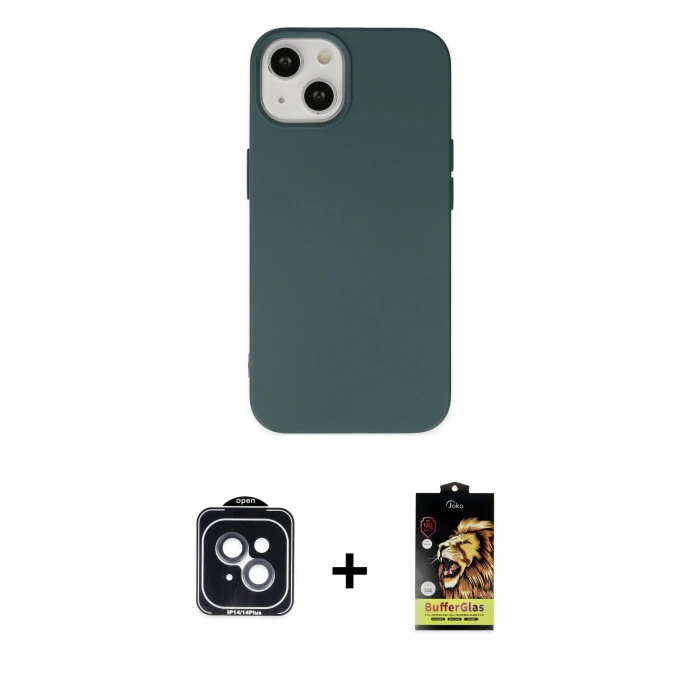 ieg™ iPhone 14 Kılıf Ahenk Serisi - Siyah Buffer Cam Ekran Koruyucu + PVD Metal Kamera Lens - SH