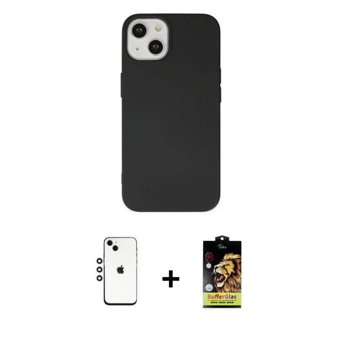 ieg™ iPhone 14 Kılıf Ahenk Serisi - Siyah Buffer Cam Ekran Koruyucu + Shine Kamera Lens - GS