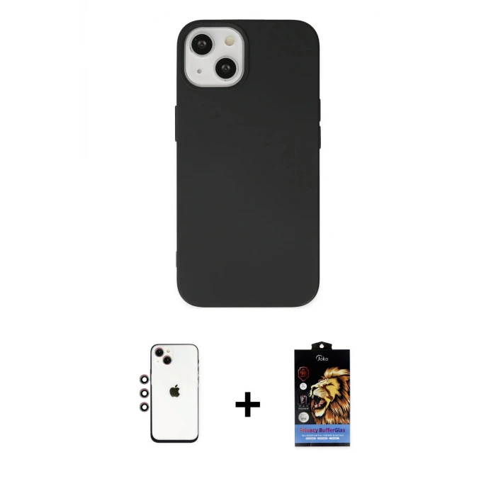 ieg™ iPhone 14 Kılıf Ahenk Serisi - Siyah Buffer Hayalet Cam Ekran Koruyucu + Shine Kamera Lens - GI