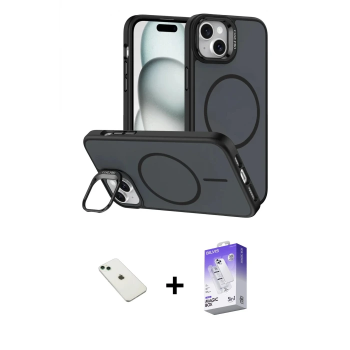 ieg™ iPhone 14 Kılıf Çekirdek Klasik - Siyah Bilvis 5in1 3D Magic Cam Ekran Koruyucu + Diamond Kamera Lens - YL