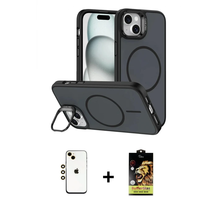 ieg™ iPhone 14 Kılıf Çekirdek Klasik - Siyah Buffer Cam Ekran Koruyucu + Shine Kamera Lens - GD