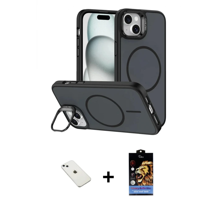 ieg™ iPhone 14 Kılıf Çekirdek Klasik - Siyah Buffer Hayalet Cam Ekran Koruyucu + Diamond Kamera Lens - SABE