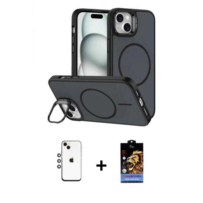 ieg™ iPhone 14 Kılıf Çekirdek Klasik - Siyah Buffer Hayalet Cam Ekran Koruyucu + Shine Kamera Lens - GI