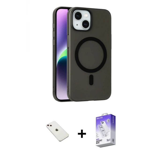 ieg™ iPhone 14 Kılıf Çekirdek Modern Prime - Siyah Bilvis 5in1 3D Magic Cam Ekran Koruyucu + Diamond Kamera Lens - PE
