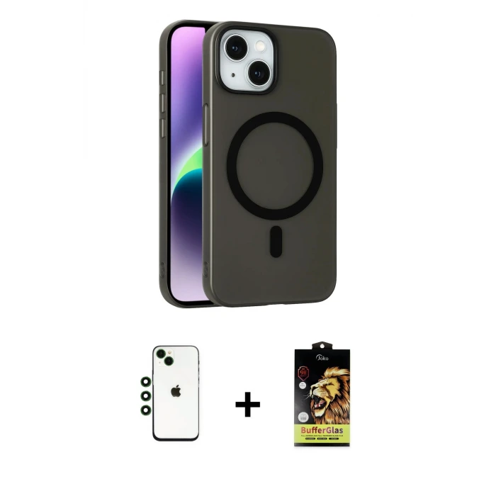 ieg™ iPhone 14 Kılıf Çekirdek Modern Prime - Siyah Buffer Cam Ekran Koruyucu + Shine Kamera Lens - YL
