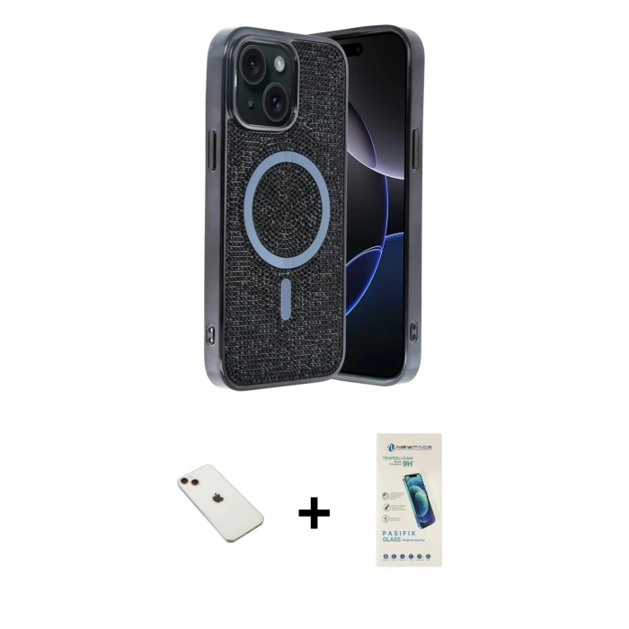 ieg™ iPhone 14 Kılıf Eksen Çizgi - Şeffaf Pasifik Cam Ekran Koruyucu + Diamond Kamera Lens - KI