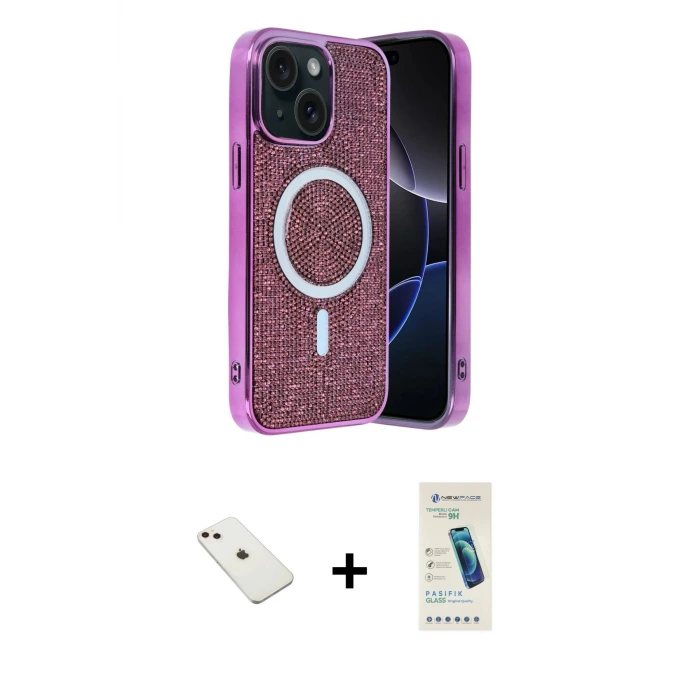 ieg™ iPhone 14 Kılıf Eksen Çizgi - Şeffaf Pasifik Cam Ekran Koruyucu + Diamond Kamera Lens - PE