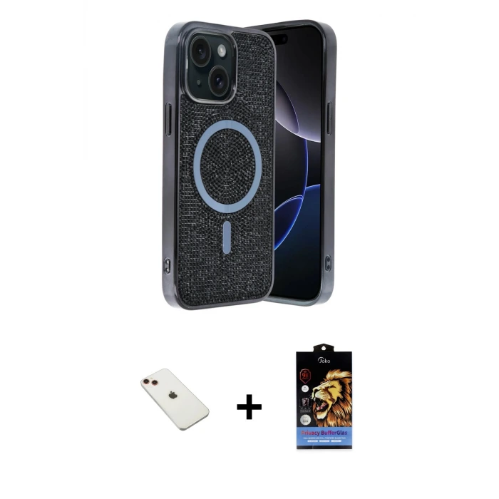 ieg™ iPhone 14 Kılıf Eksen Çizgi - Siyah Buffer Hayalet Cam Ekran Koruyucu + Diamond Kamera Lens - KI