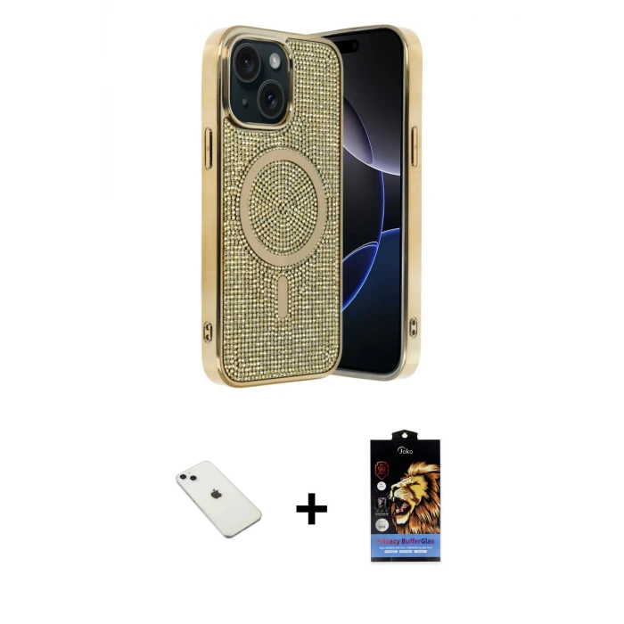 ieg™ iPhone 14 Kılıf Eksen Çizgi - Siyah Buffer Hayalet Cam Ekran Koruyucu + Diamond Kamera Lens - SABE