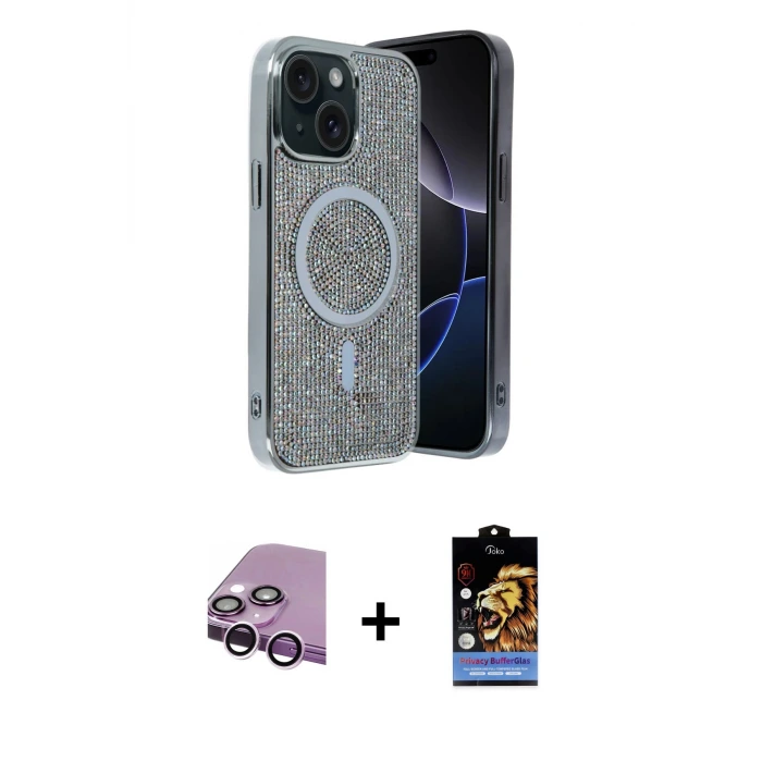 ieg™ iPhone 14 Kılıf Eksen Çizgi - Siyah Buffer Hayalet Cam Ekran Koruyucu + Raze Metal Kamera Lens - MR
