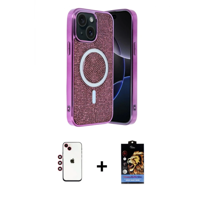 ieg™ iPhone 14 Kılıf Eksen Çizgi - Siyah Buffer Hayalet Cam Ekran Koruyucu + Shine Kamera Lens - KI