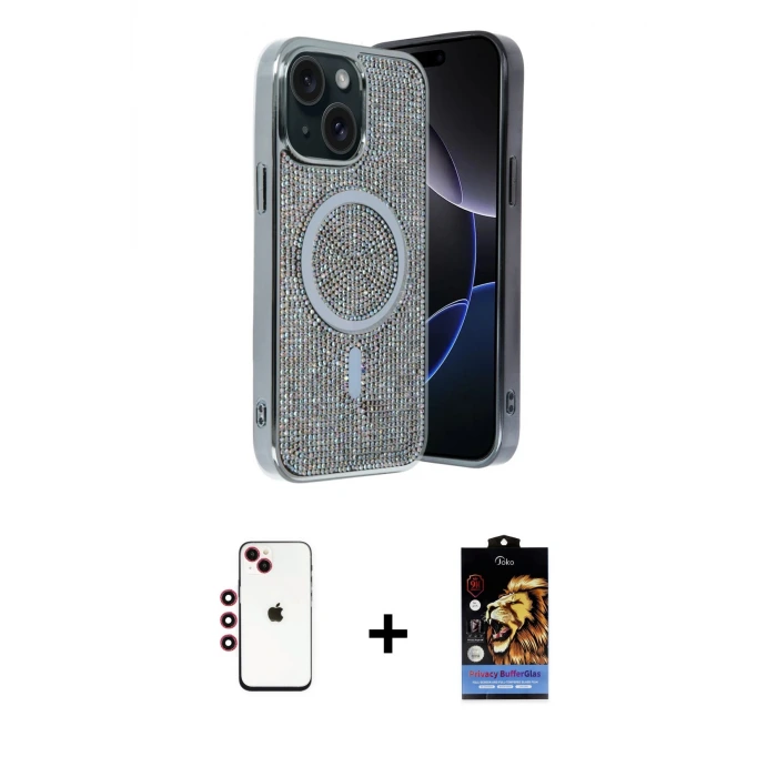 ieg™ iPhone 14 Kılıf Eksen Çizgi - Siyah Buffer Hayalet Cam Ekran Koruyucu + Shine Kamera Lens - KI