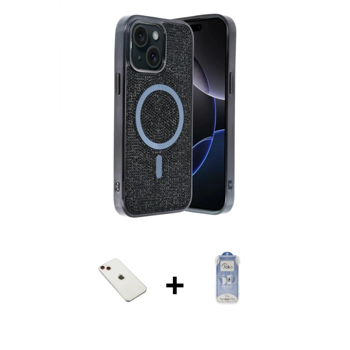 ieg™ iPhone 14 Kılıf Eksen Çizgi - Siyah Joko Magic 5D Cam + Diamond Kamera Lens - KI