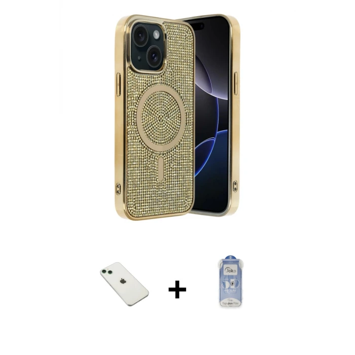 ieg™ iPhone 14 Kılıf Eksen Çizgi - Siyah Joko Magic 5D Cam + Diamond Kamera Lens - YL