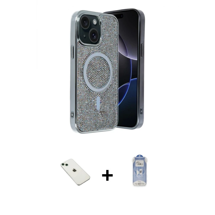 ieg™ iPhone 14 Kılıf Eksen Çizgi - Siyah Joko Magic 5D Cam + Diamond Kamera Lens - YL