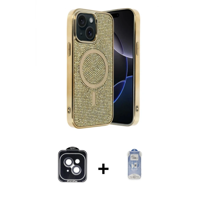 ieg™ iPhone 14 Kılıf Eksen Çizgi - Siyah Joko Magic 5D Cam + PVD Metal Kamera Lens - SH