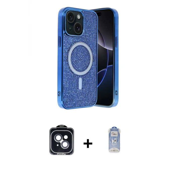 ieg™ iPhone 14 Kılıf Eksen Çizgi - Siyah Joko Magic 5D Cam + PVD Metal Kamera Lens - SH
