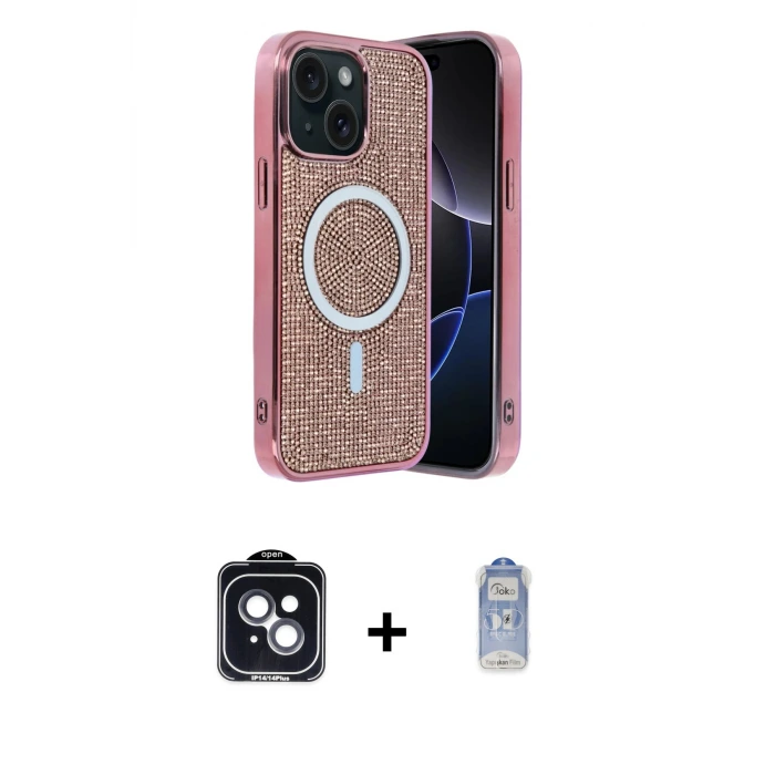 ieg™ iPhone 14 Kılıf Eksen Çizgi - Siyah Joko Magic 5D Cam + PVD Metal Kamera Lens - SH