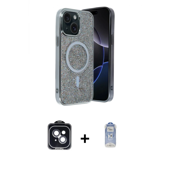 ieg™ iPhone 14 Kılıf Eksen Çizgi - Siyah Joko Magic 5D Cam + PVD Metal Kamera Lens - SH