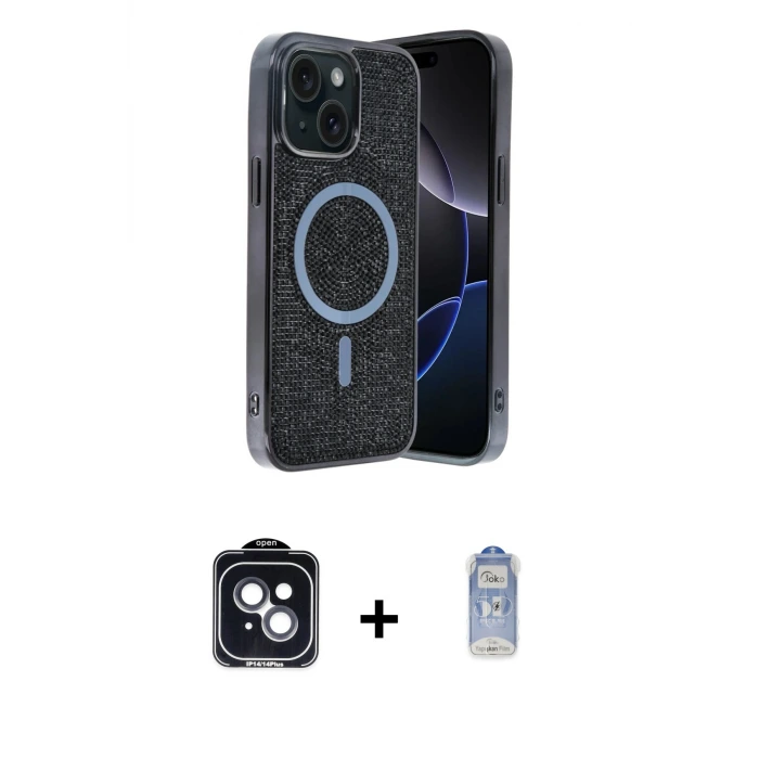 ieg™ iPhone 14 Kılıf Eksen Çizgi - Siyah Joko Magic 5D Cam + PVD Metal Kamera Lens - SH