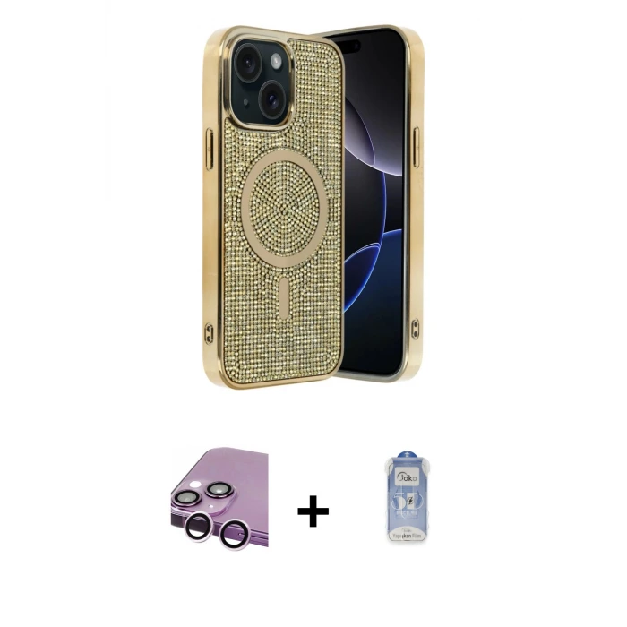 ieg™ iPhone 14 Kılıf Eksen Çizgi - Siyah Joko Magic 5D Cam + Raze Metal Kamera Lens - MR