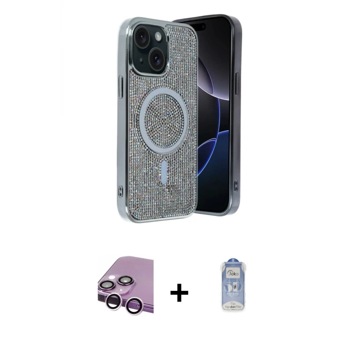 ieg™ iPhone 14 Kılıf Eksen Çizgi - Siyah Joko Magic 5D Cam + Raze Metal Kamera Lens - MR