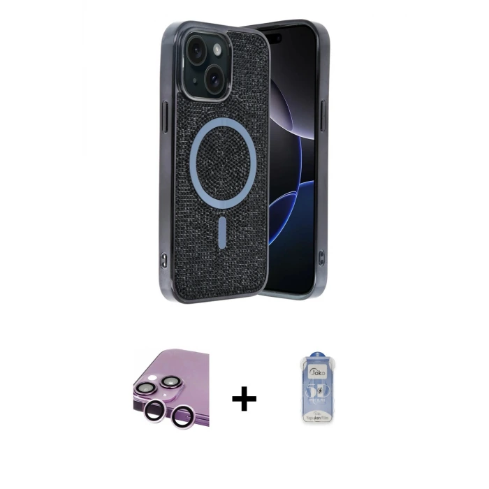 ieg™ iPhone 14 Kılıf Eksen Çizgi - Siyah Joko Magic 5D Cam + Raze Metal Kamera Lens - MR