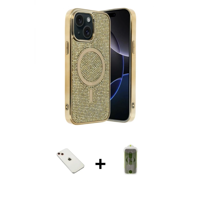 ieg™ iPhone 14 Kılıf Eksen Çizgi - Siyah Joko Magic 5D Hayalet Cam + Diamond Kamera Lens - KI