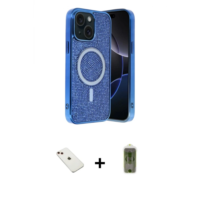 ieg™ iPhone 14 Kılıf Eksen Çizgi - Siyah Joko Magic 5D Hayalet Cam + Diamond Kamera Lens - KI
