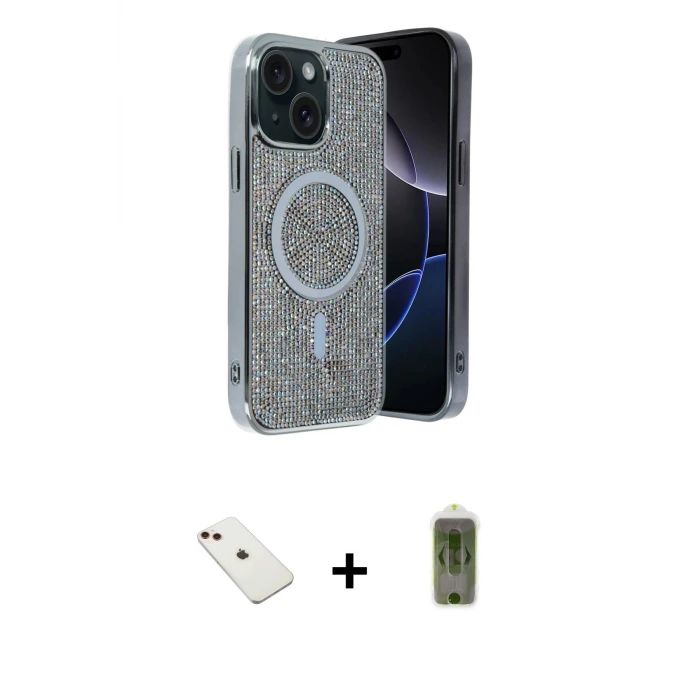 ieg™ iPhone 14 Kılıf Eksen Çizgi - Siyah Joko Magic 5D Hayalet Cam + Diamond Kamera Lens - KI