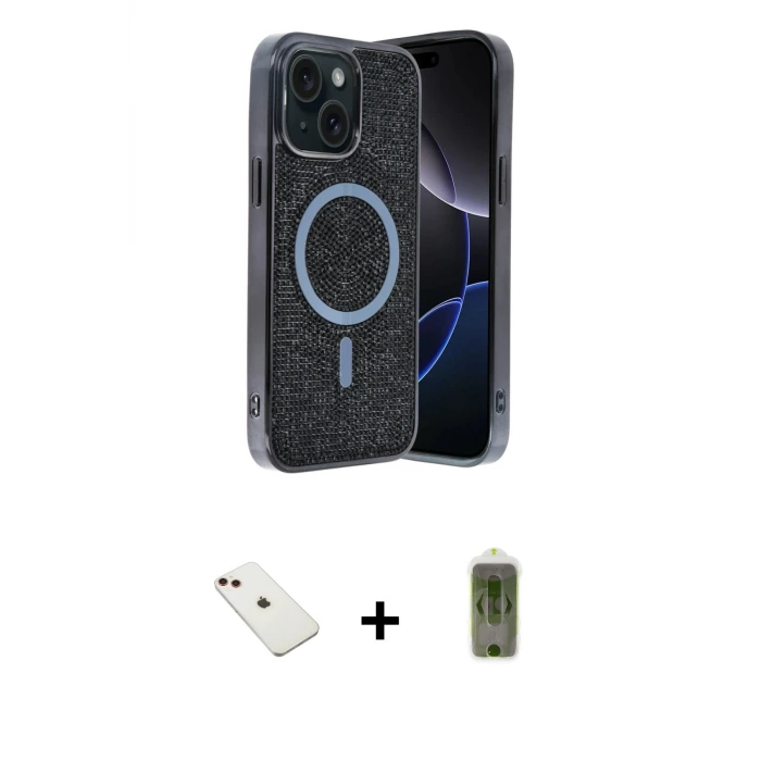 ieg™ iPhone 14 Kılıf Eksen Çizgi - Siyah Joko Magic 5D Hayalet Cam + Diamond Kamera Lens - KI