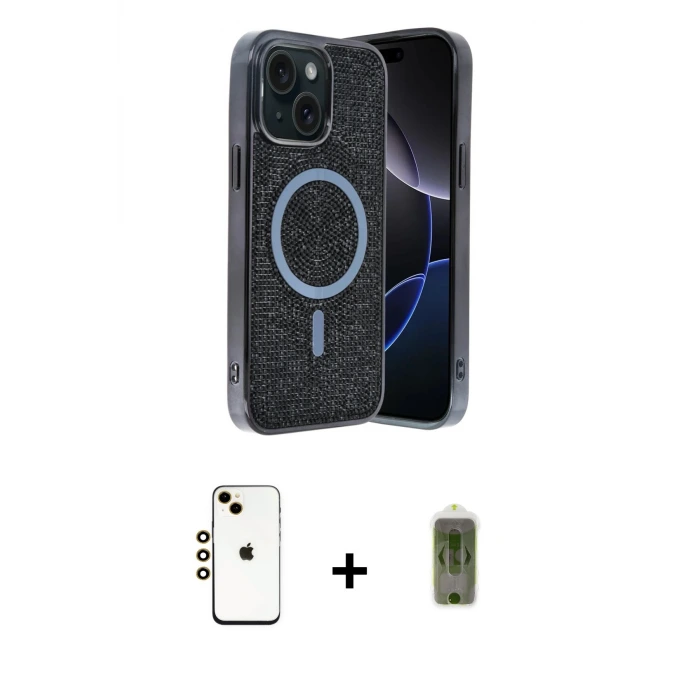 ieg™ iPhone 14 Kılıf Eksen Çizgi - Siyah Joko Magic 5D Hayalet Cam + Shine Kamera Lens - GD
